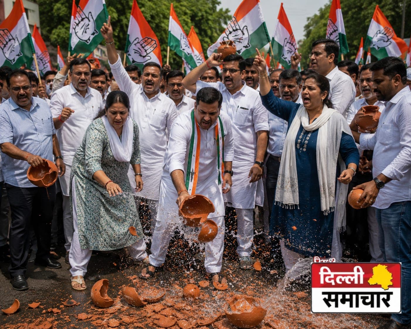 Politics : दिल्ली में पानी संकट पर कांग्रेस का हल्ला बोल, 'मटका फोड़' प्रदर्शन से BJP सरकार को घेरा