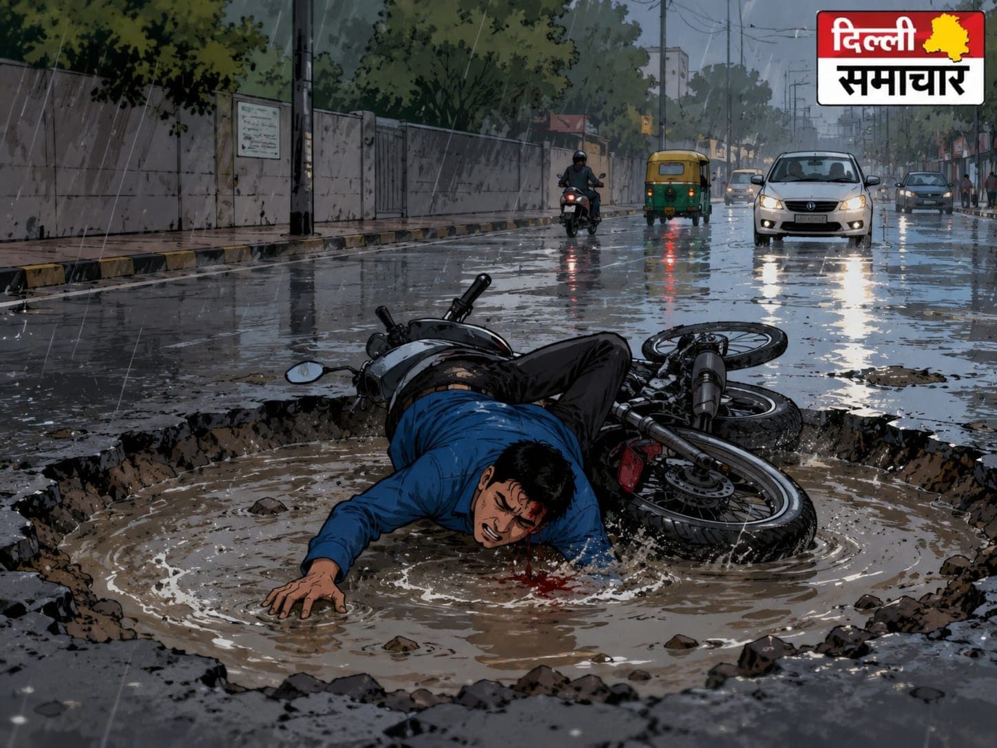 Gujarat : बारिश बनी आफत: पानी से भरे गड्ढे में गिरी बाइक, युवक का सिर फटा, CCTV में कैद हुआ हादसा