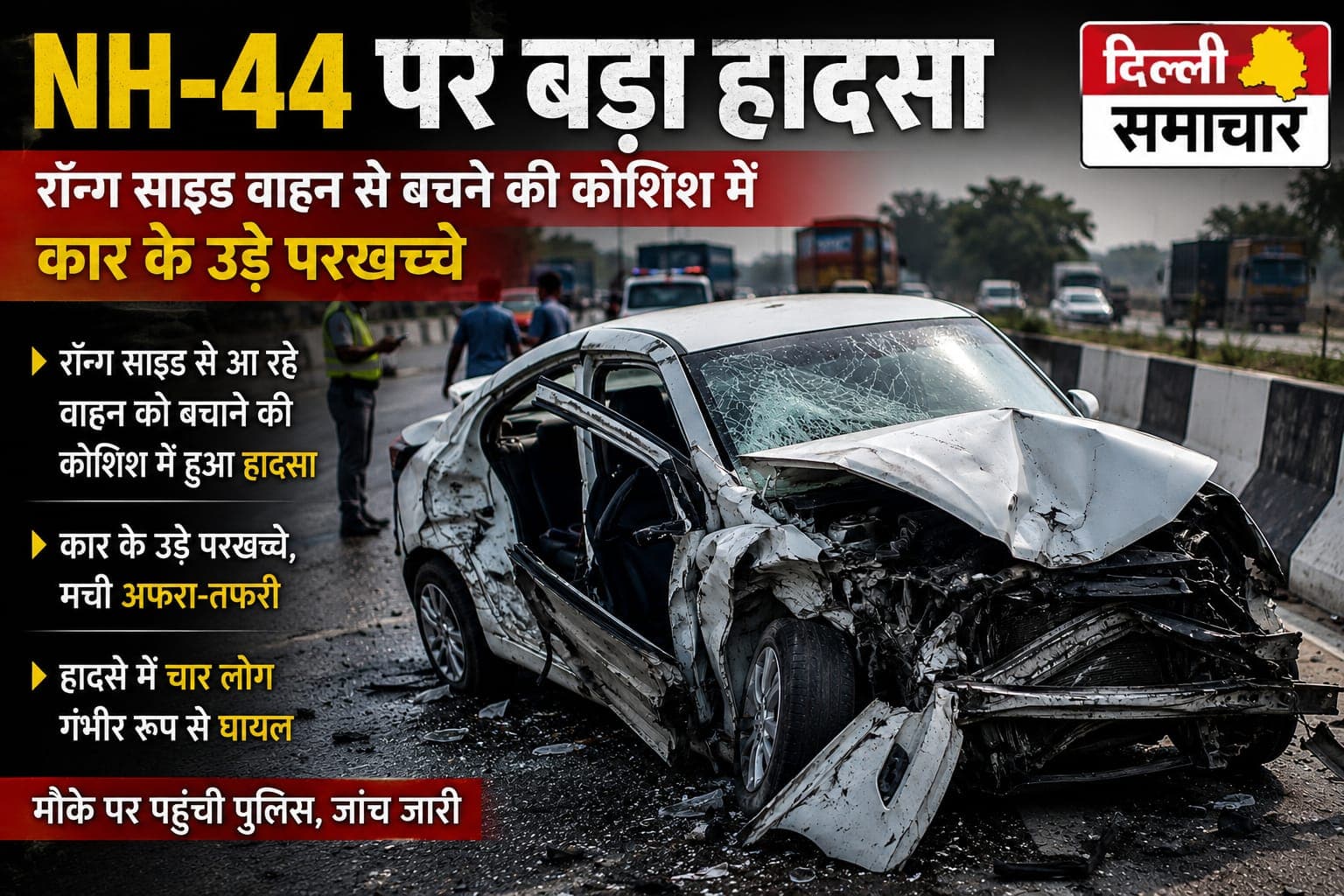 Haryana : NH-44 पर बड़ा हादसा: रॉन्ग साइड वाहन से बचने की कोशिश में कार के उड़े परखच्चे, चार घायल