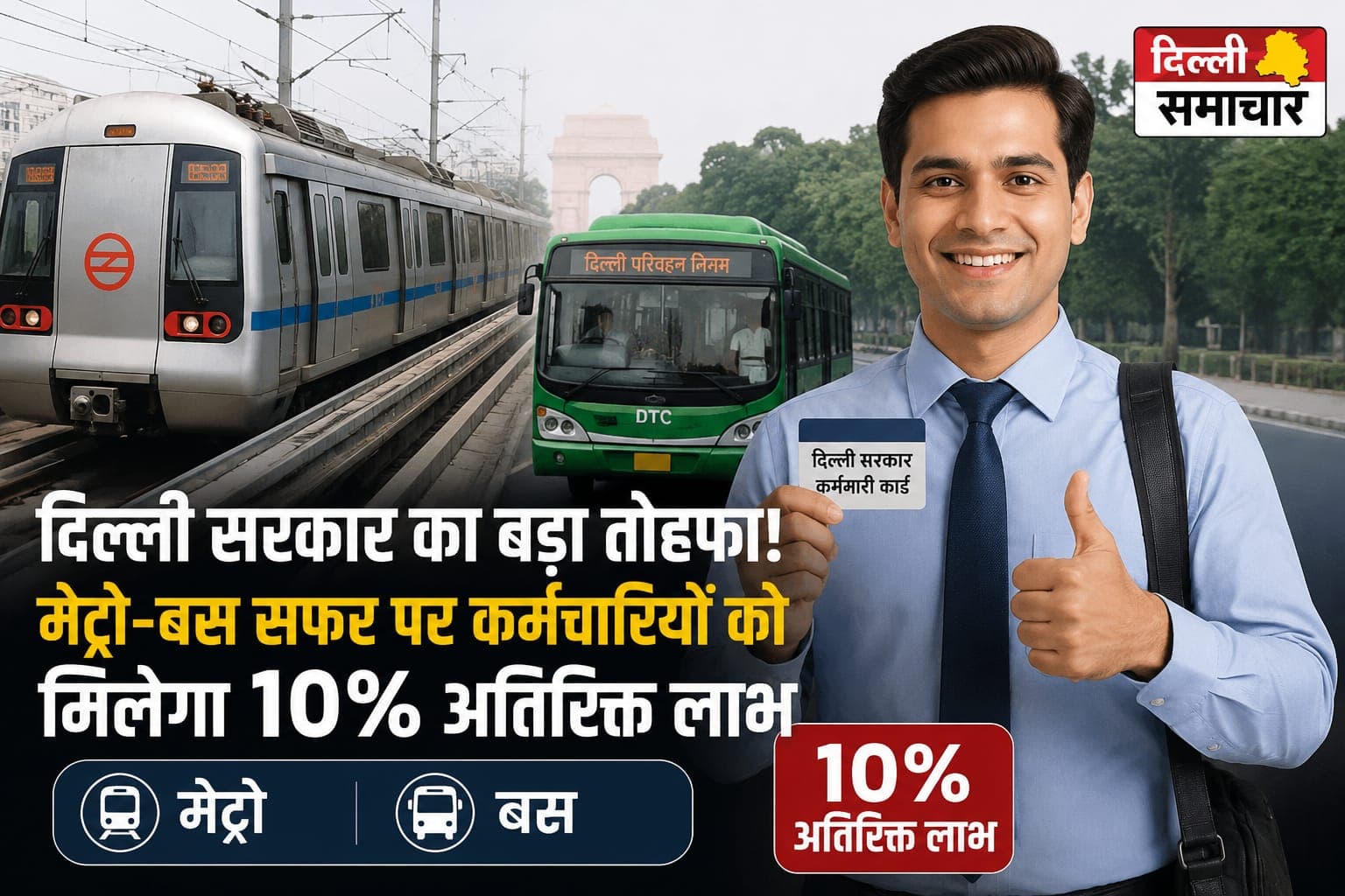 दिल्ली सरकार का बड़ा तोहफा! मेट्रो-बस सफर पर कर्मचारियों को मिलेगा 10% अतिरिक्त लाभ